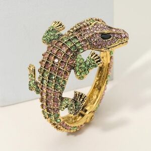 Pink & Green Rhinestone Alligator Crocodile Cuff Bracelet Statement Jewelry